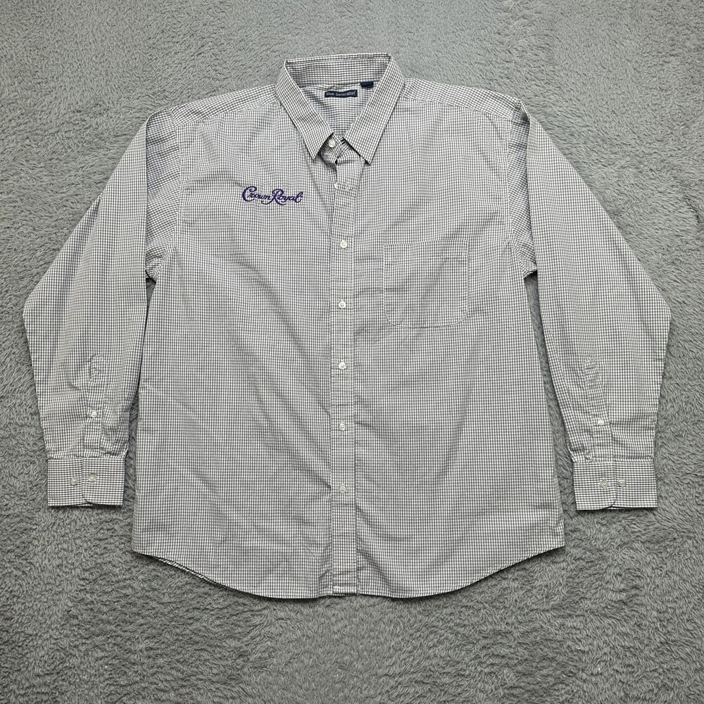 Crown Royal Shirt Mens 2XL Check Plaid White Gray Whiskey Button Long Sleeve
